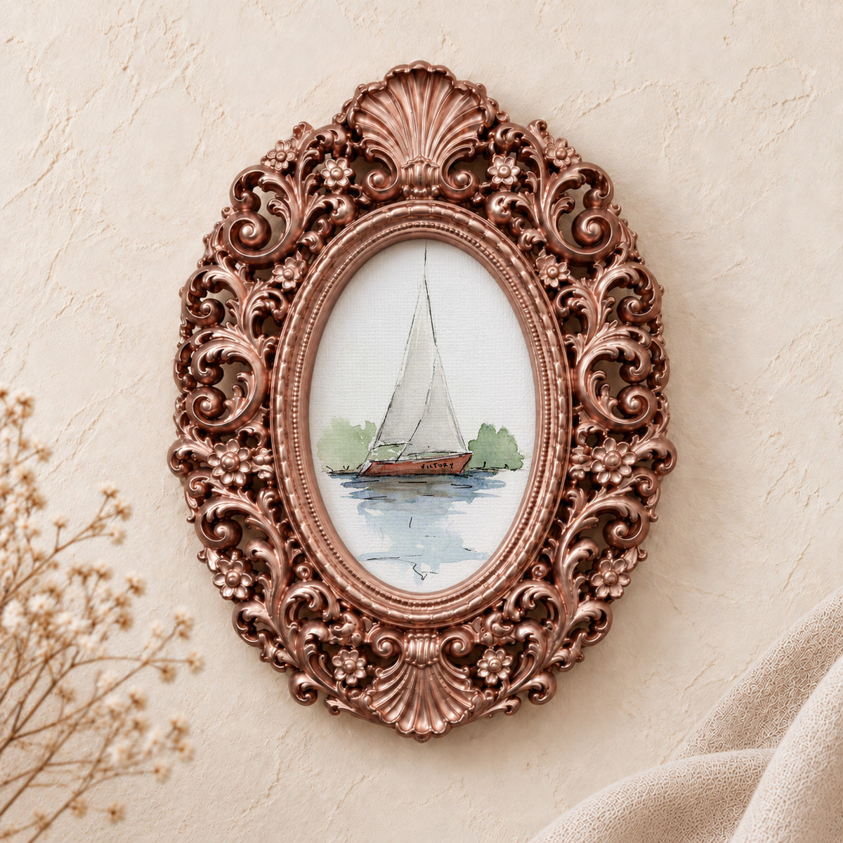 Red-Hulled Sailboat framed art print, rose gold baroque frame