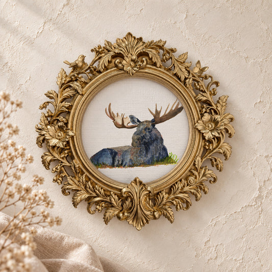 Resting Moose round framed art print, gold baroque frame