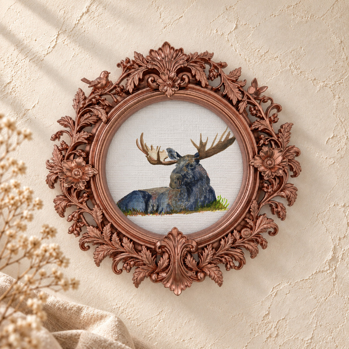 Resting Moose round framed art print, rose gold baroque frame