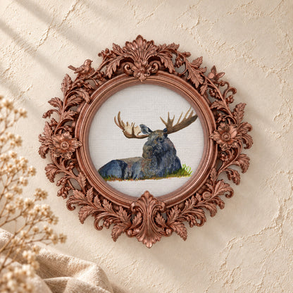 Resting Moose round framed art print, rose gold baroque frame
