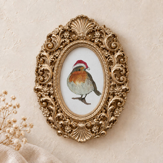 Robin in a Santa Hat framed art print, gold baroque frame