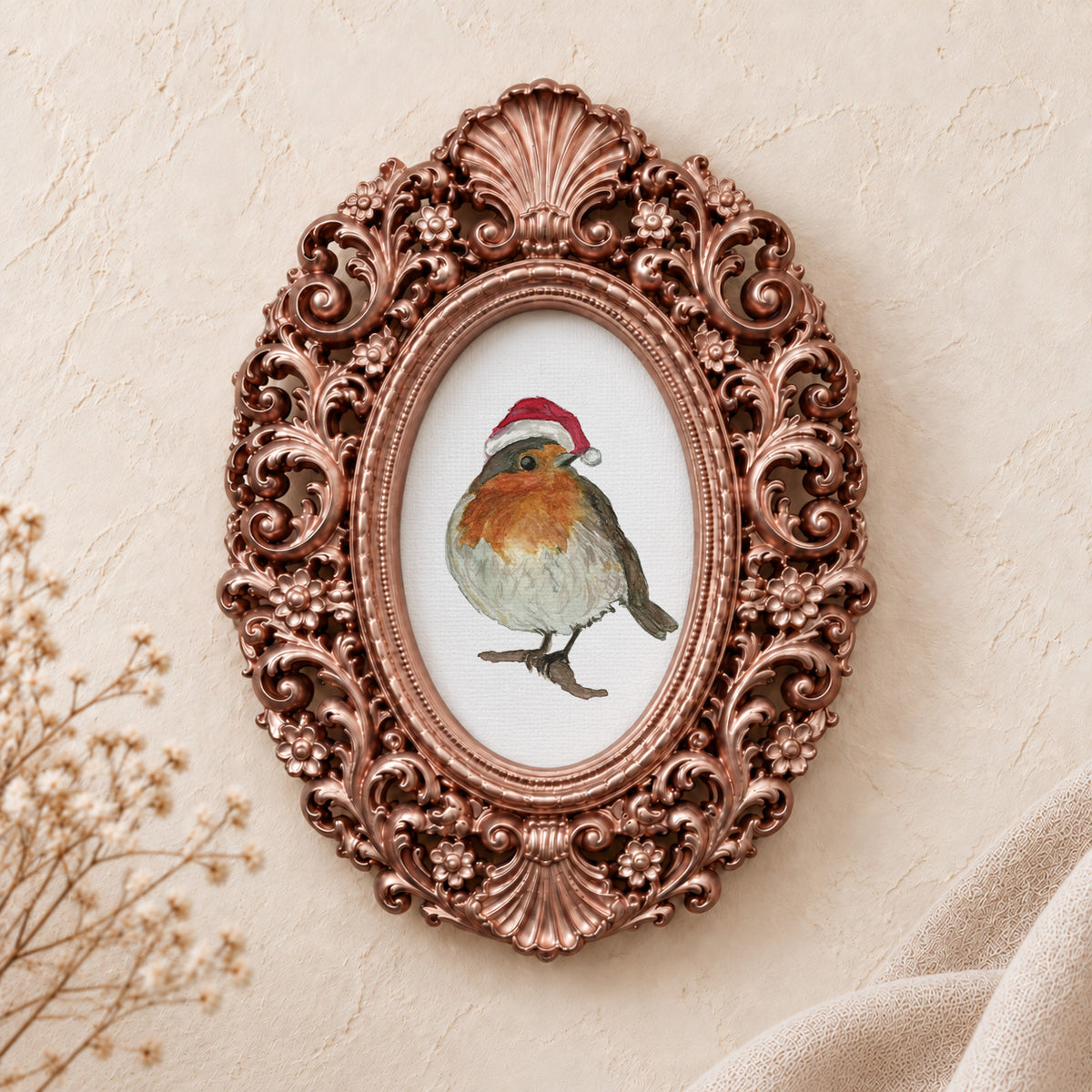 Robin in a Santa Hat framed art print, rose gold baroque frame