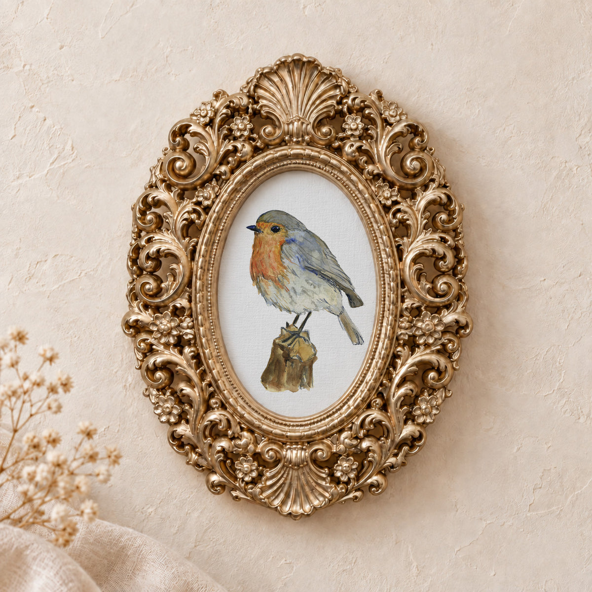 Robin on a Post framed art print, gold baroque frame
