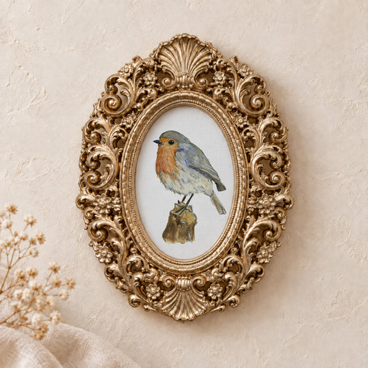 Robin on a Post framed art print, gold baroque frame
