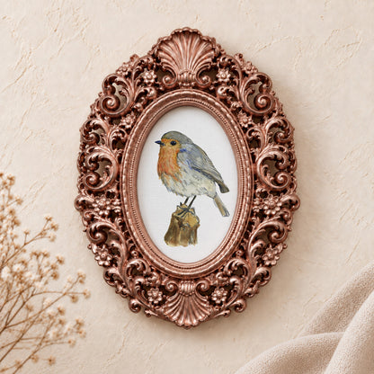 Robin on a Post framed art print, rose gold baroque frame