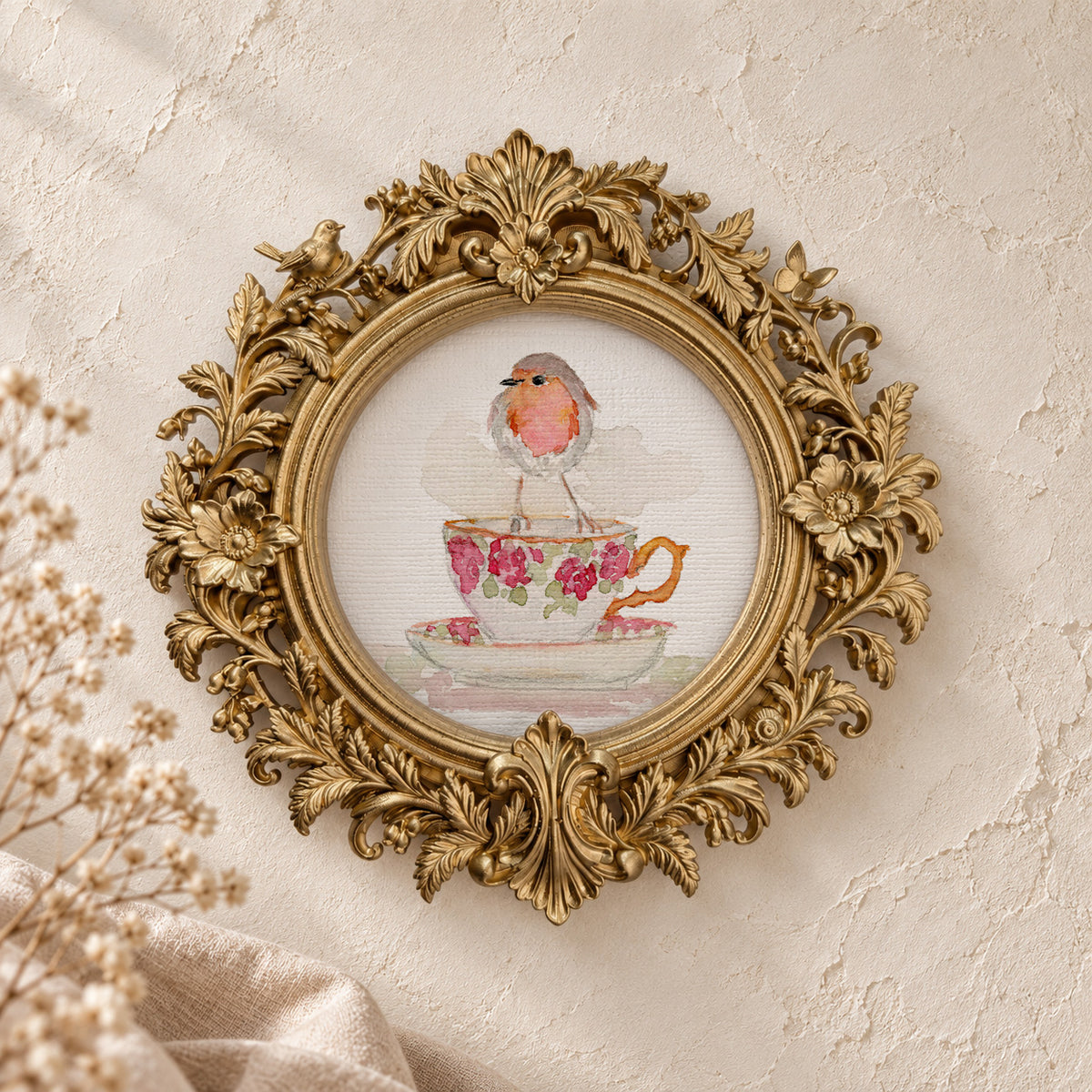 Robin on a Rose Teacup round framed art print, gold baroque frame