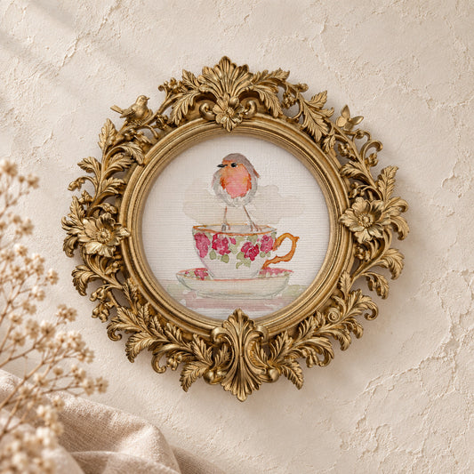 Robin on a Rose Teacup round framed art print, gold baroque frame