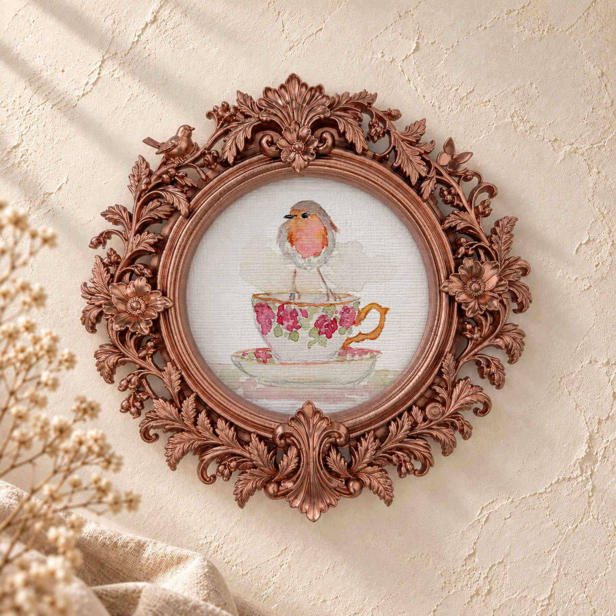 Robin on a Rose Teacup round framed art print, rose gold baroque frame