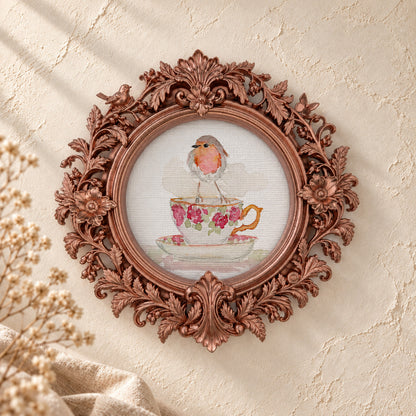 Robin on a Rose Teacup round framed art print, rose gold baroque frame
