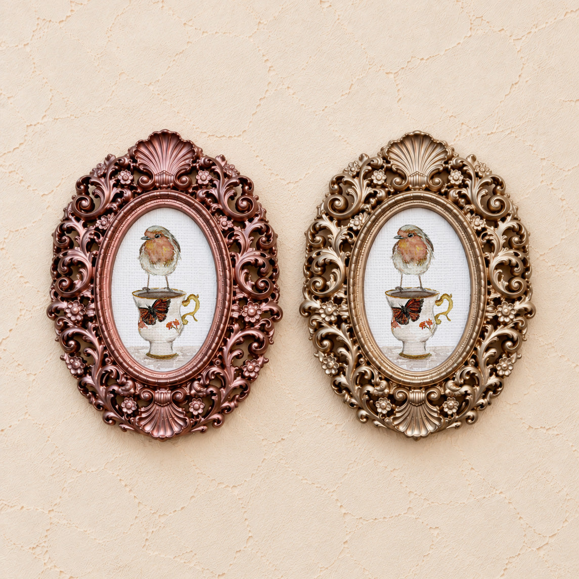 Robin on a Teacup, gold and rose gold side by side