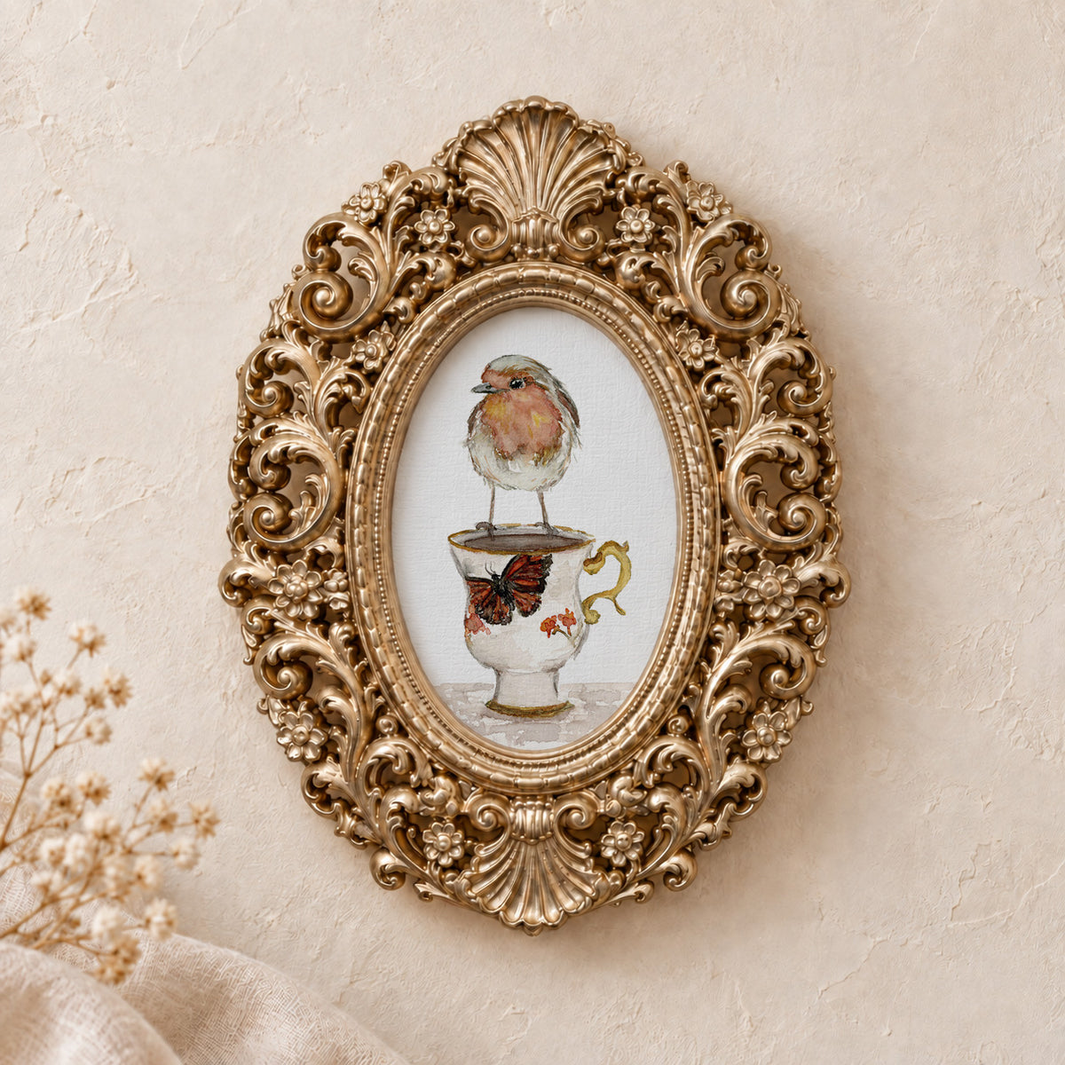 Robin on a Teacup framed art print, gold baroque frame