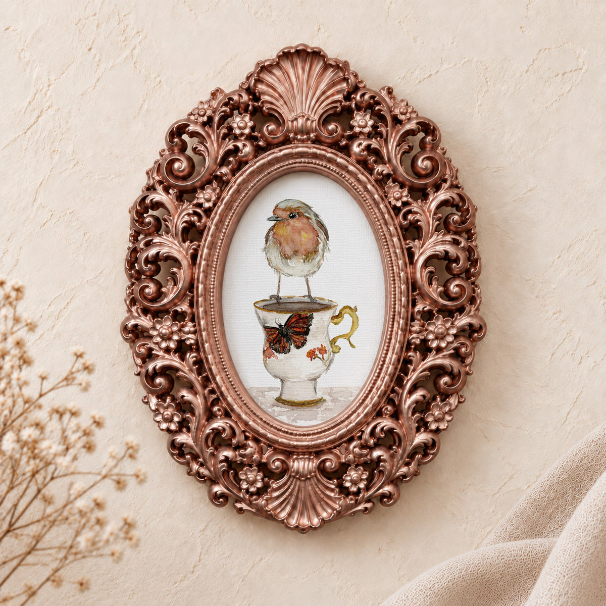 Robin on a Teacup framed art print, rose gold baroque frame