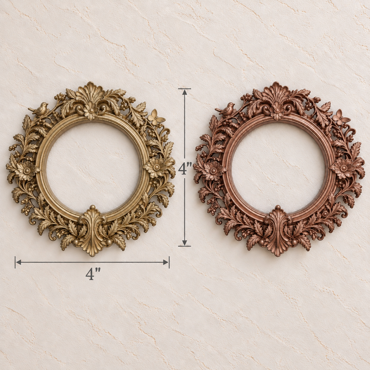 Round baroque frame size chart, 4 inch by 4 inch, gold and rose gold