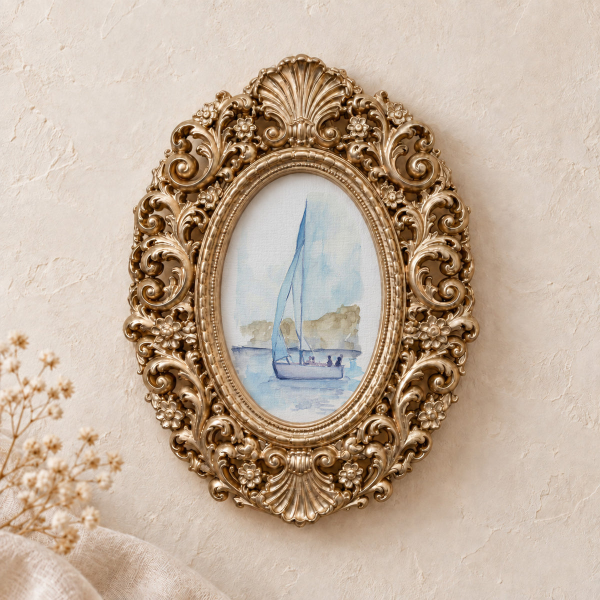 Sailboat at Golden Hour framed art print, gold baroque frame