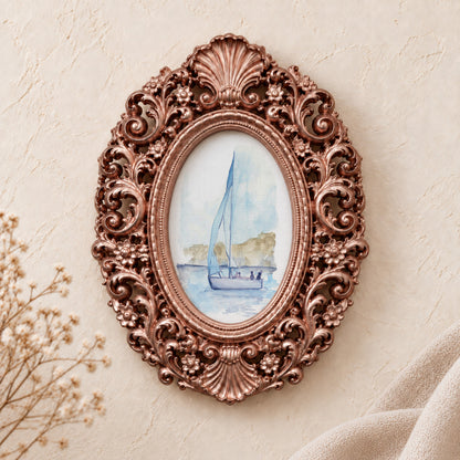 Sailboat at Golden Hour framed art print, rose gold baroque frame