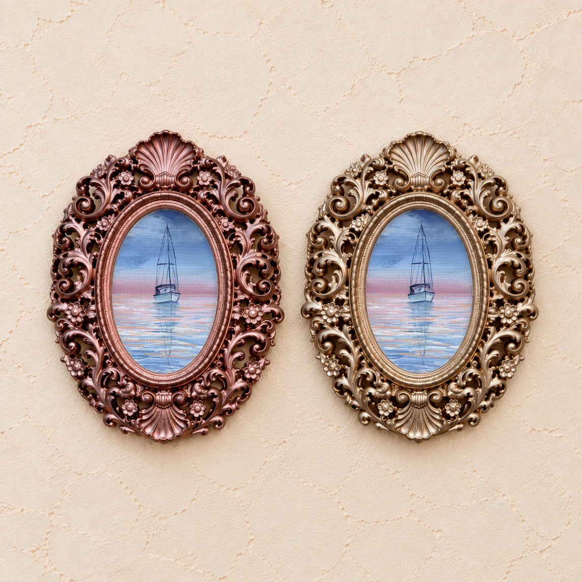 Sailboat at Twilight, gold and rose gold side by side
