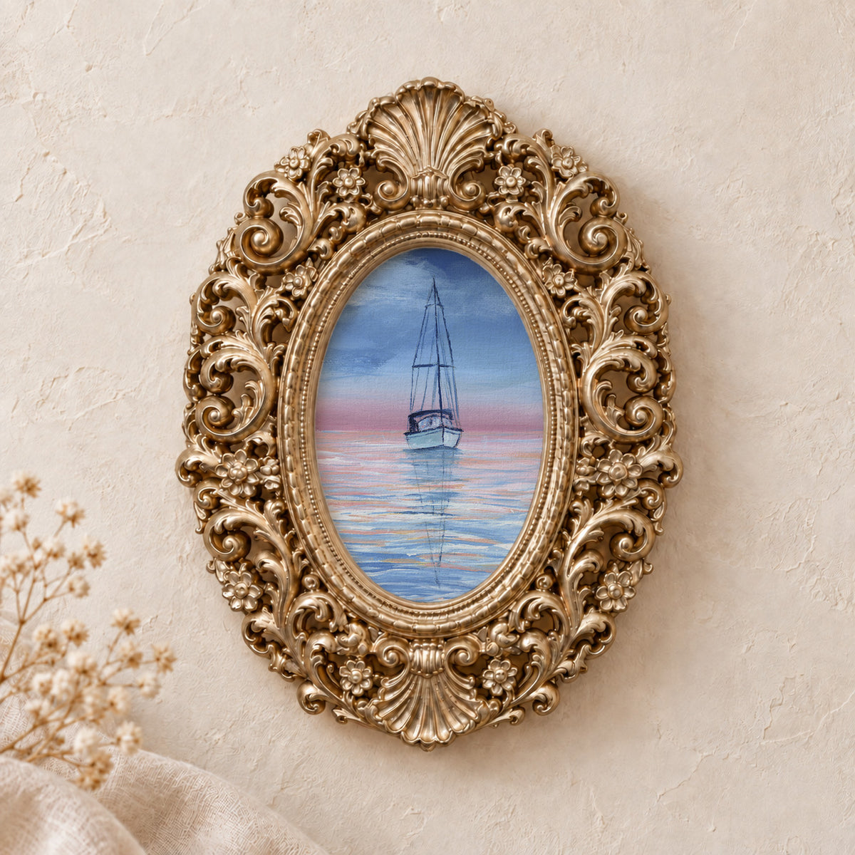 Sailboat at Twilight framed art print, gold baroque frame