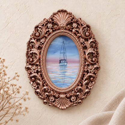 Sailboat at Twilight framed art print, rose gold baroque frame