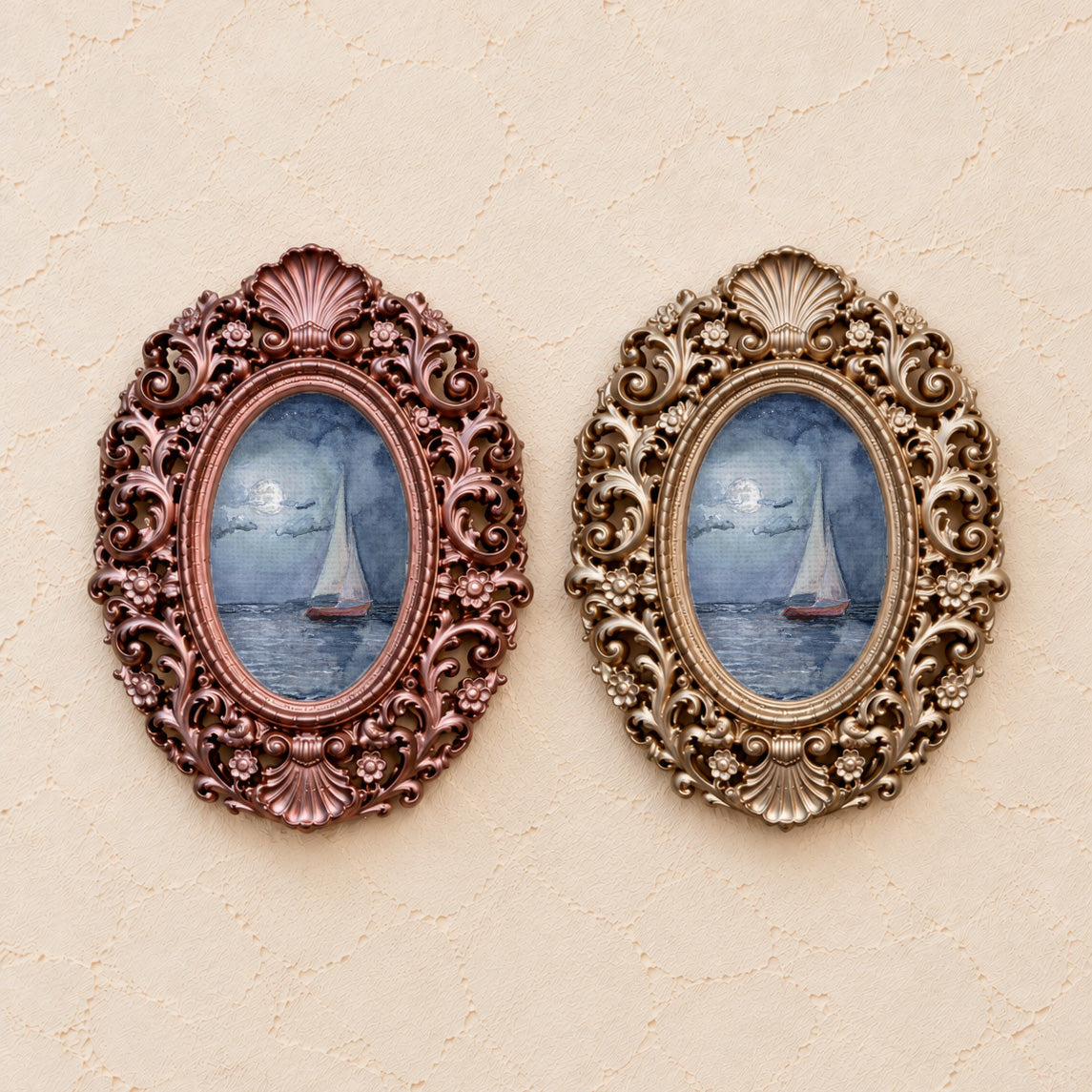 Sailboat by Moonlight, gold and rose gold side by side