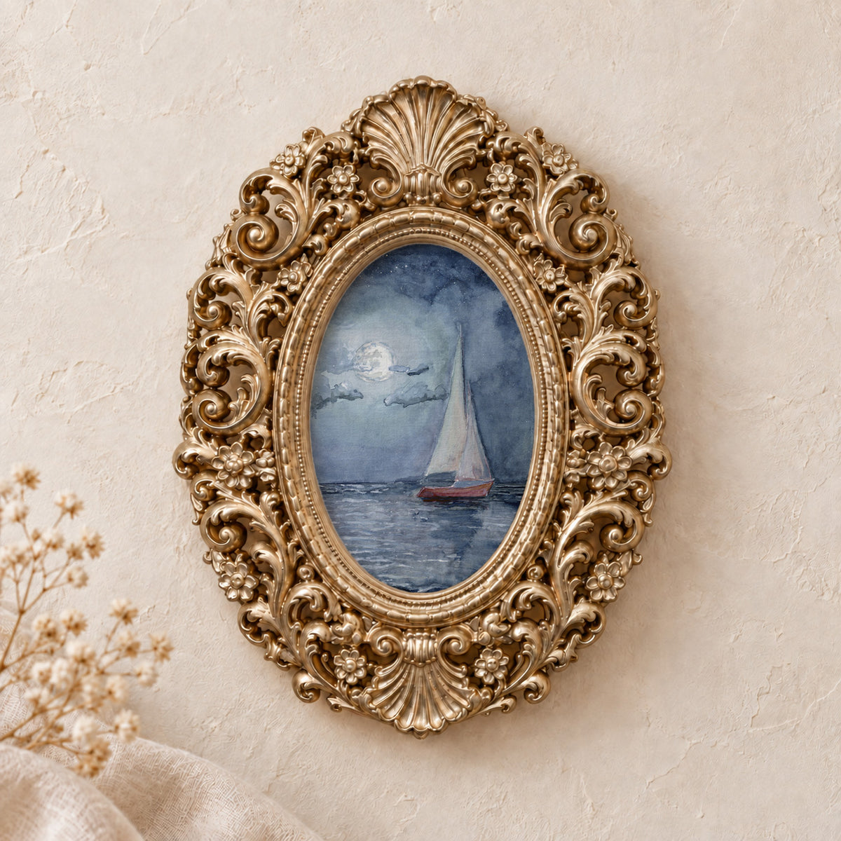 Sailboat by Moonlight framed art print, gold baroque frame