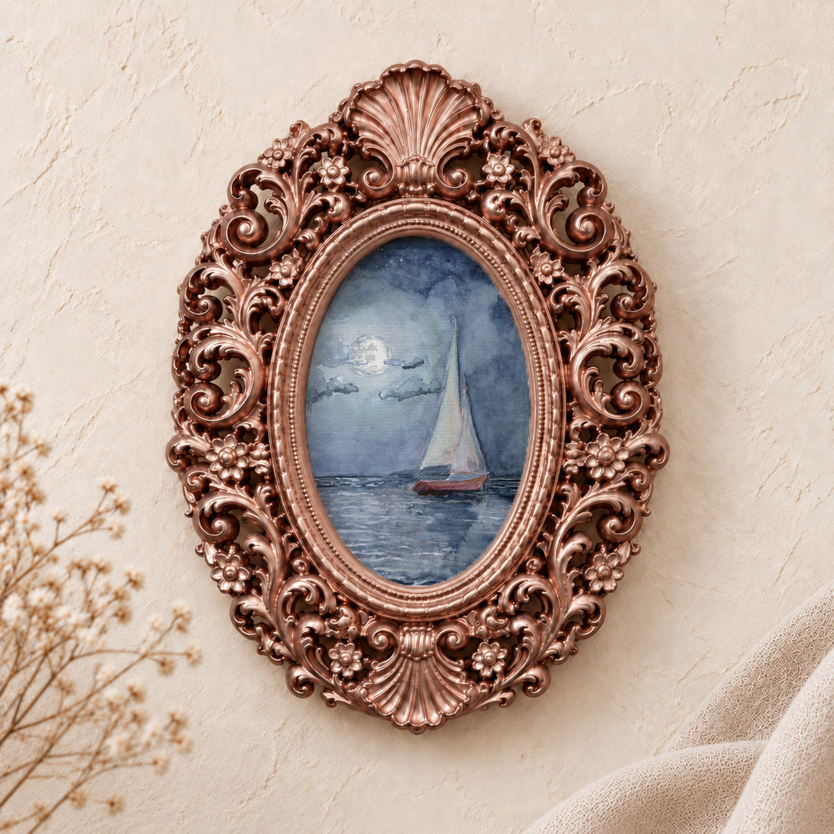 Sailboat by Moonlight framed art print, rose gold baroque frame
