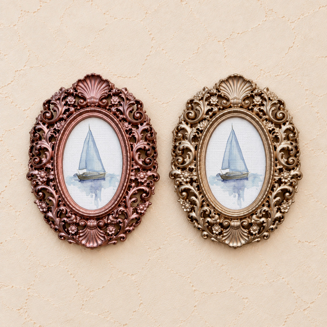 Sailboat on Calm Water, gold and rose gold side by side