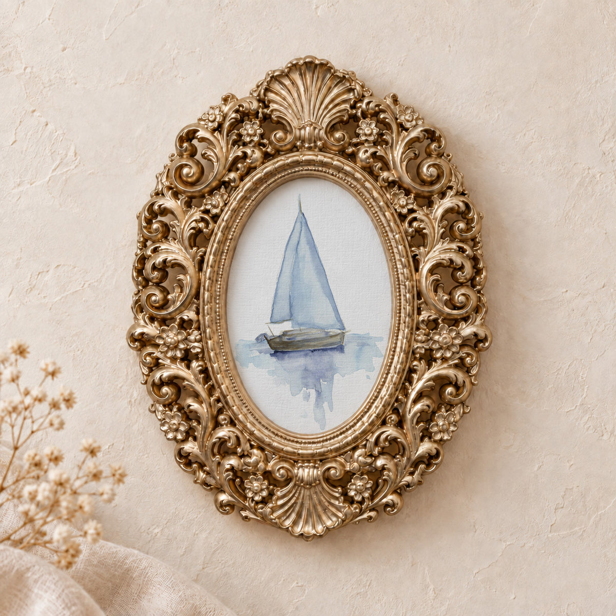 Sailboat on Calm Water framed art print, gold baroque frame