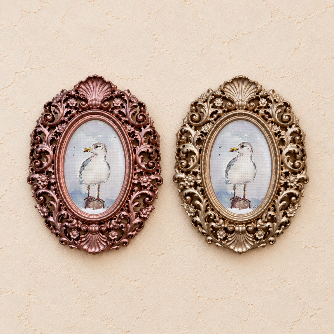 Seagull Portrait, gold and rose gold side by side