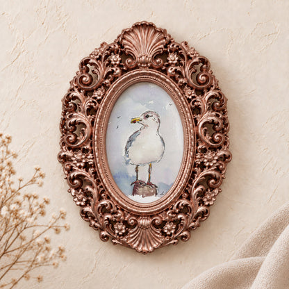 Seagull Portrait framed art print, rose gold baroque frame