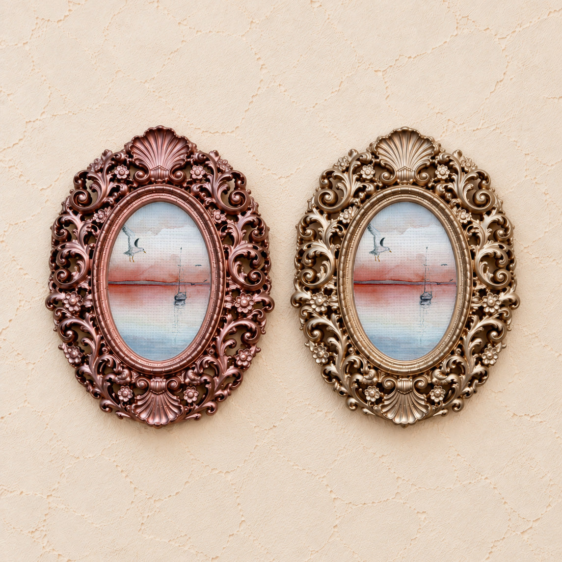 Seagull at Sunset, gold and rose gold side by side