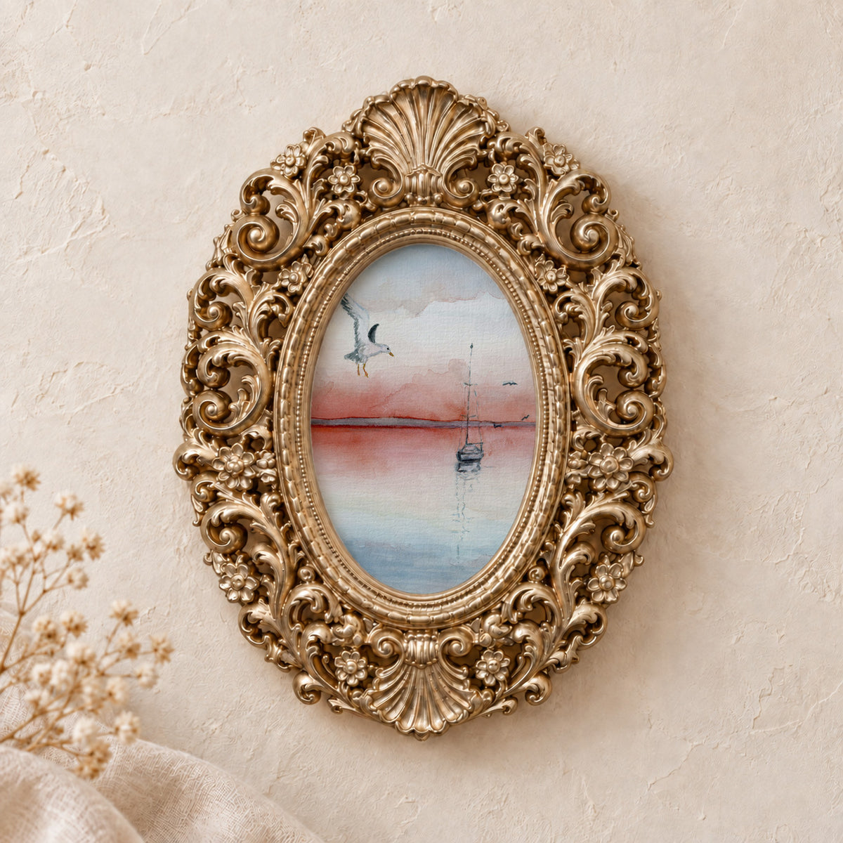 Seagull at Sunset framed art print, gold baroque frame