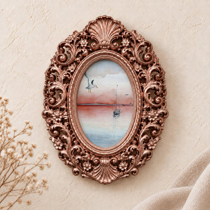 Seagull at Sunset framed art print, rose gold baroque frame