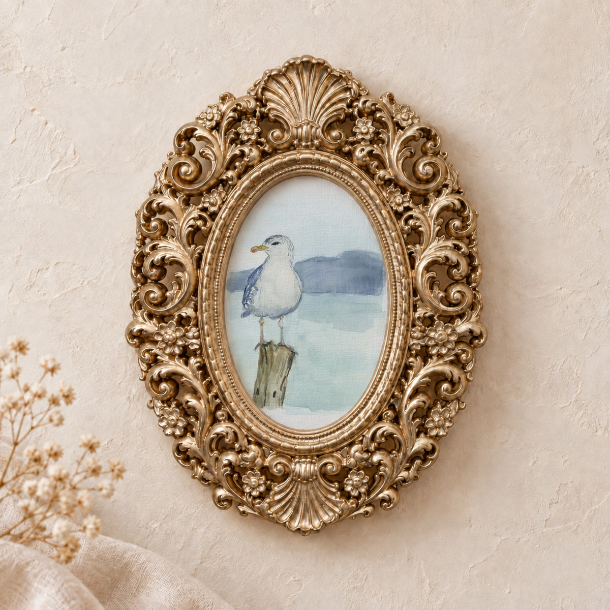 Seagull on a Post framed art print, gold baroque frame