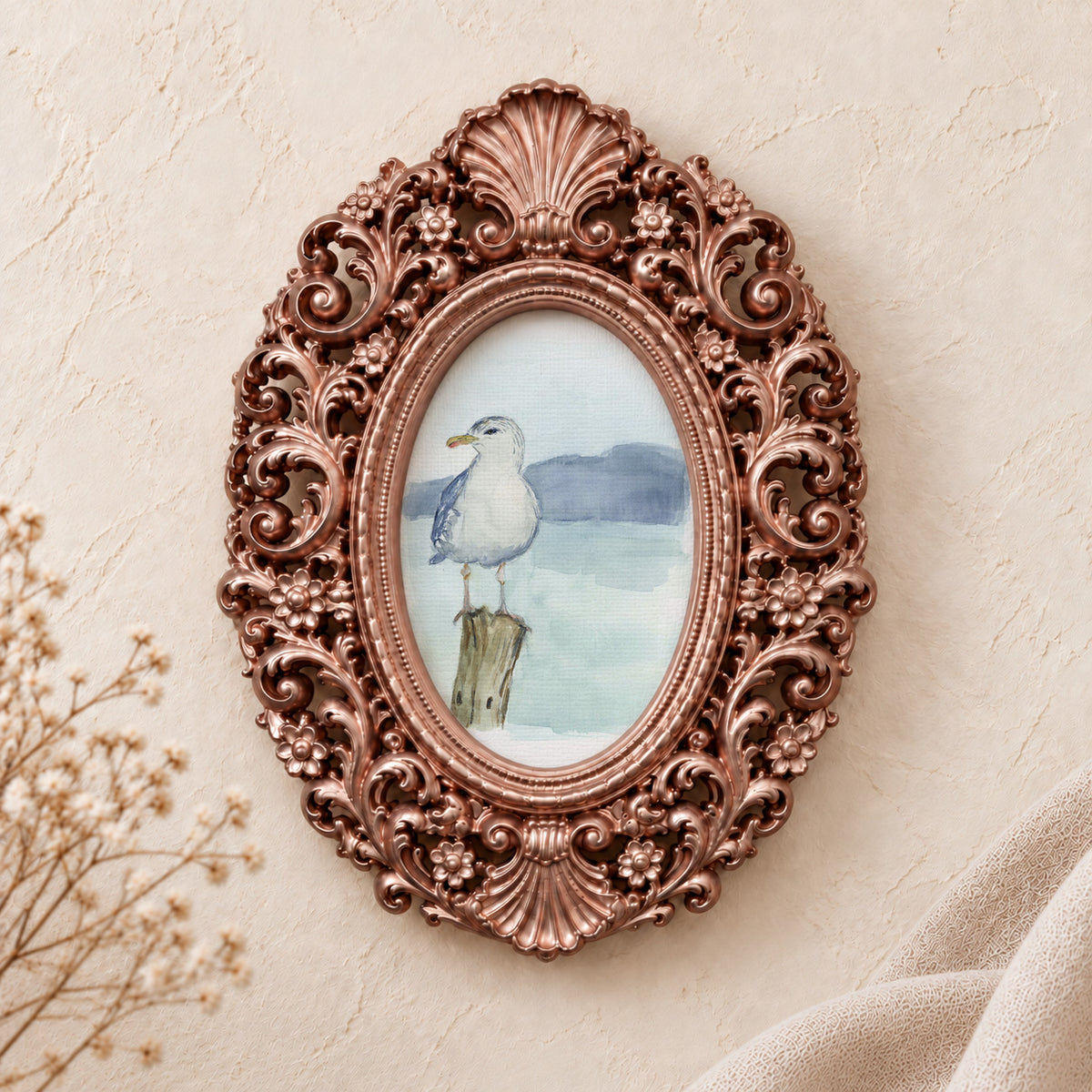 Seagull on a Post framed art print, rose gold baroque frame