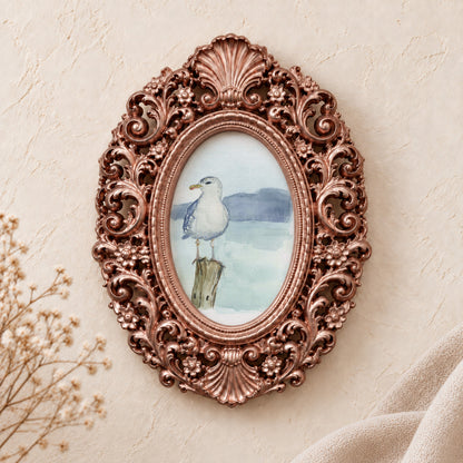Seagull on a Post framed art print, rose gold baroque frame
