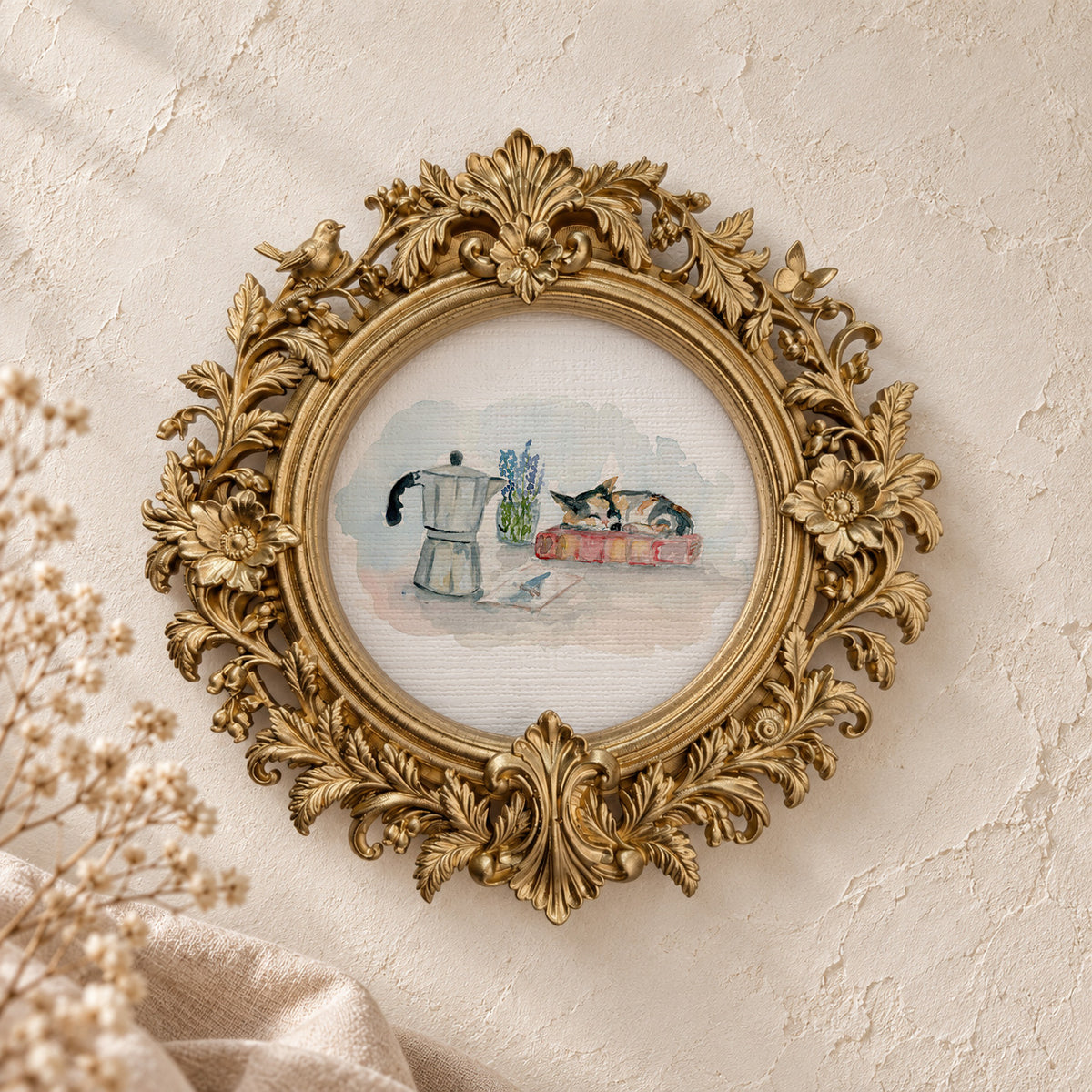 Sleeping Cat with a Mocha Pot round framed art print, gold baroque frame