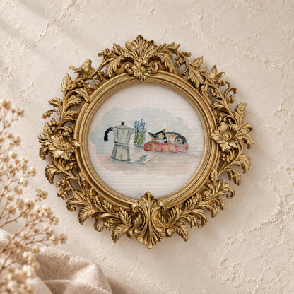 Sleeping Cat with a Mocha Pot round framed art print, gold baroque frame