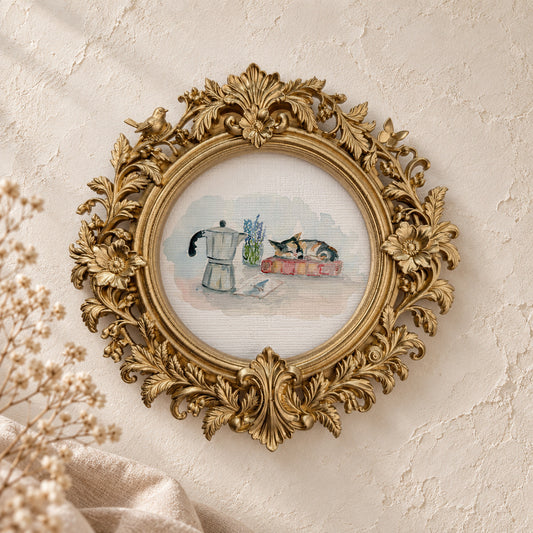 Sleeping Cat with a Mocha Pot round framed art print, gold baroque frame