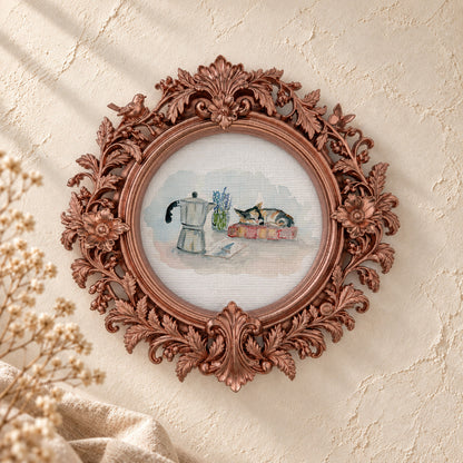 Sleeping Cat with a Mocha Pot round framed art print, rose gold baroque frame