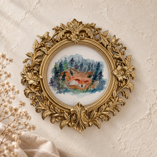 Sleeping Fox in Lavender round framed art print, gold baroque frame