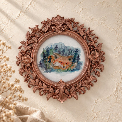 Sleeping Fox in Lavender round framed art print, rose gold baroque frame