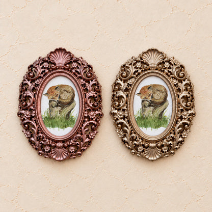 Sleepy Fox on a Tree Stump, gold and rose gold side by side