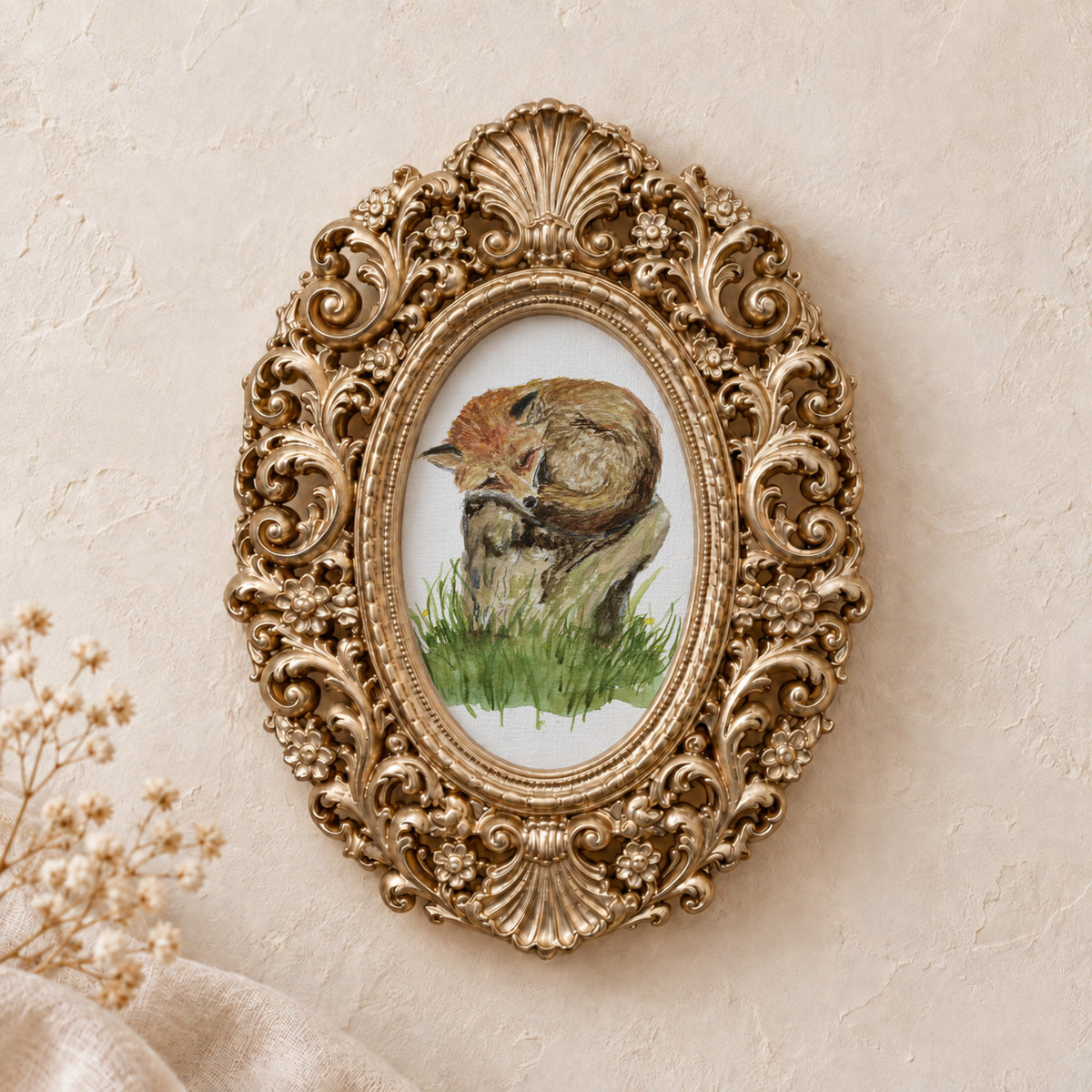 Sleepy Fox on a Tree Stump framed art print, gold baroque frame