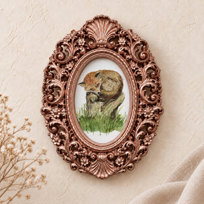 Sleepy Fox on a Tree Stump framed art print, rose gold baroque frame