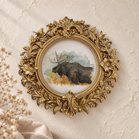 Sleepy Moose round framed art print, gold baroque frame