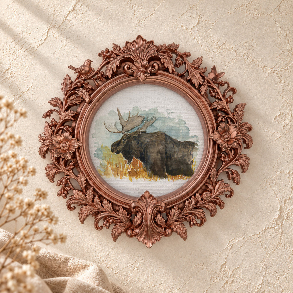 Sleepy Moose round framed art print, rose gold baroque frame