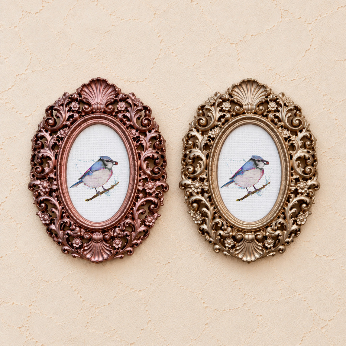 Songbird on a Branch, gold and rose gold side by side