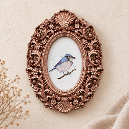 Songbird on a Branch framed art print, rose gold baroque frame