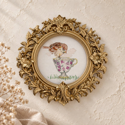 Sparrow on a Purple Teacup round framed art print, gold baroque frame