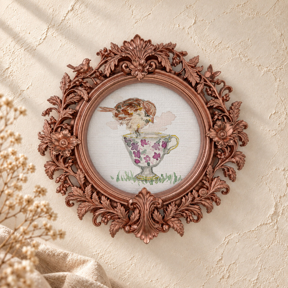 Sparrow on a Purple Teacup round framed art print, rose gold baroque frame